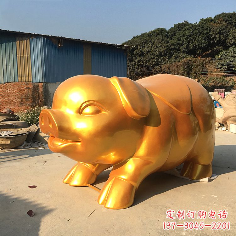 昆明玻璃钢大型漆金猪仔雕塑-大型商场美陈动物雕塑