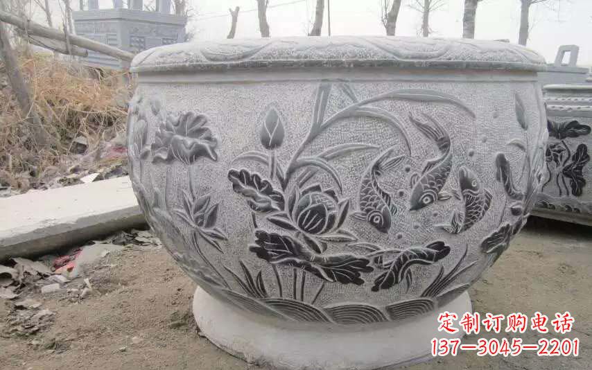 昆明仿古雕刻鲤鱼石浮雕水缸