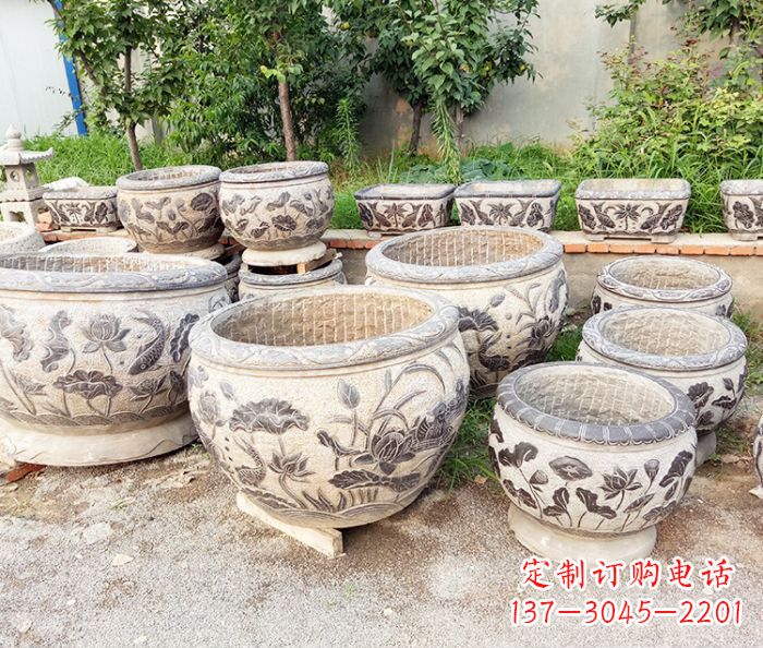 昆明仿古荷花鲤鱼石浮雕水缸 (2)
