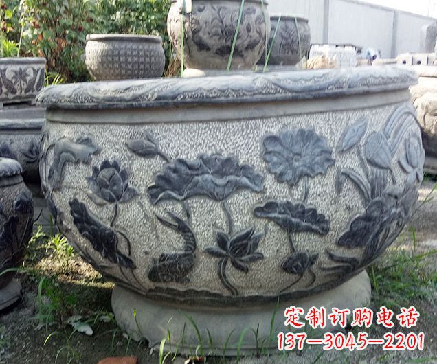 昆明中领雕塑仿古荷花石浮雕水缸