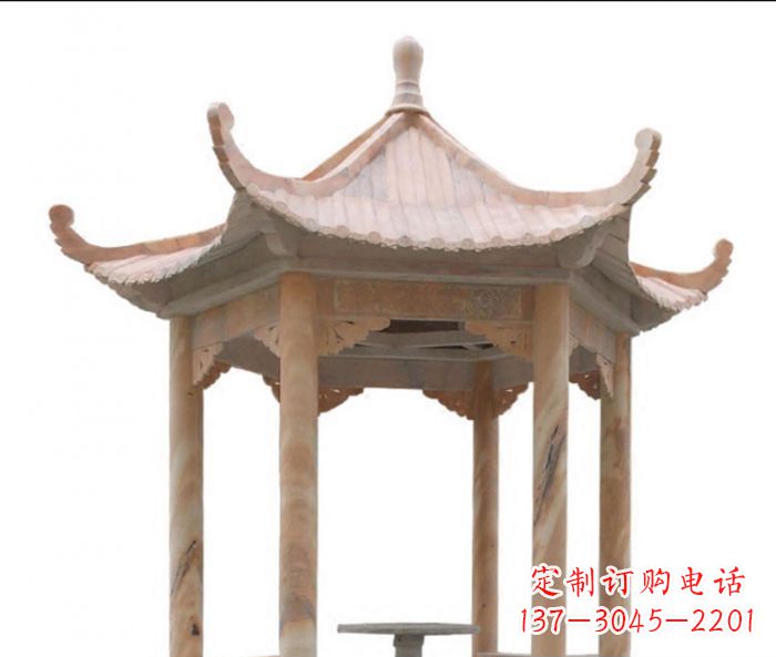 昆明美丽而优雅的公园晚霞红六角石凉亭雕塑