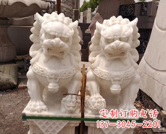 昆明汉白玉踩绣球狮子石雕_2