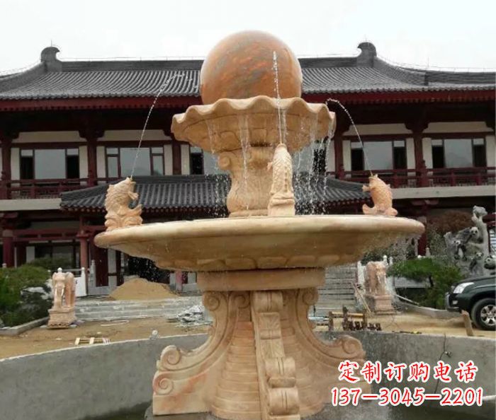 昆明双层风水球喷泉晚霞红石雕