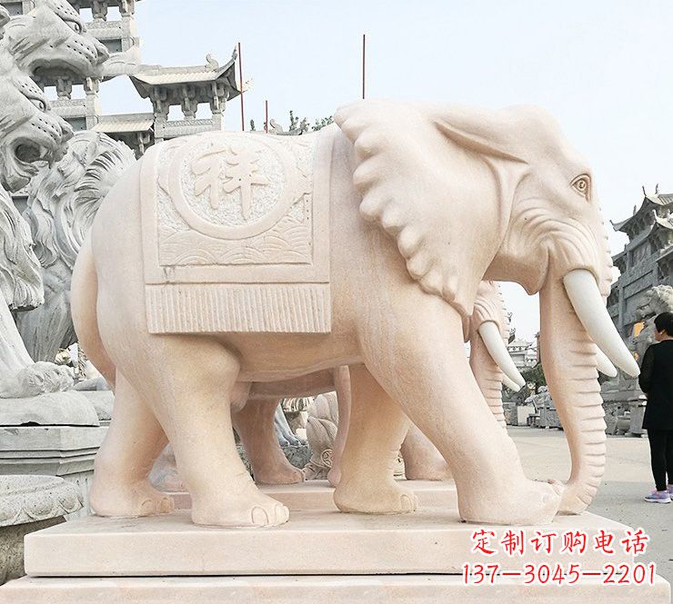 昆明晚霞红吉祥如意大象石雕