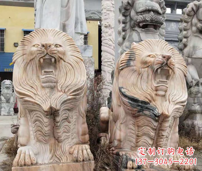昆明晚霞红石雕欧式石狮子