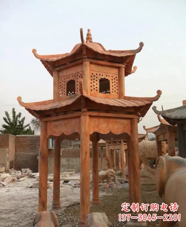 昆明晚霞红双层凉亭石雕