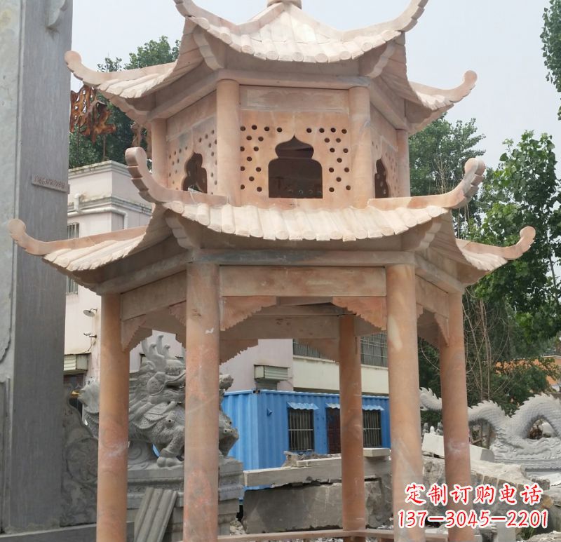 昆明晚霞红双层六角凉亭石雕 (2)