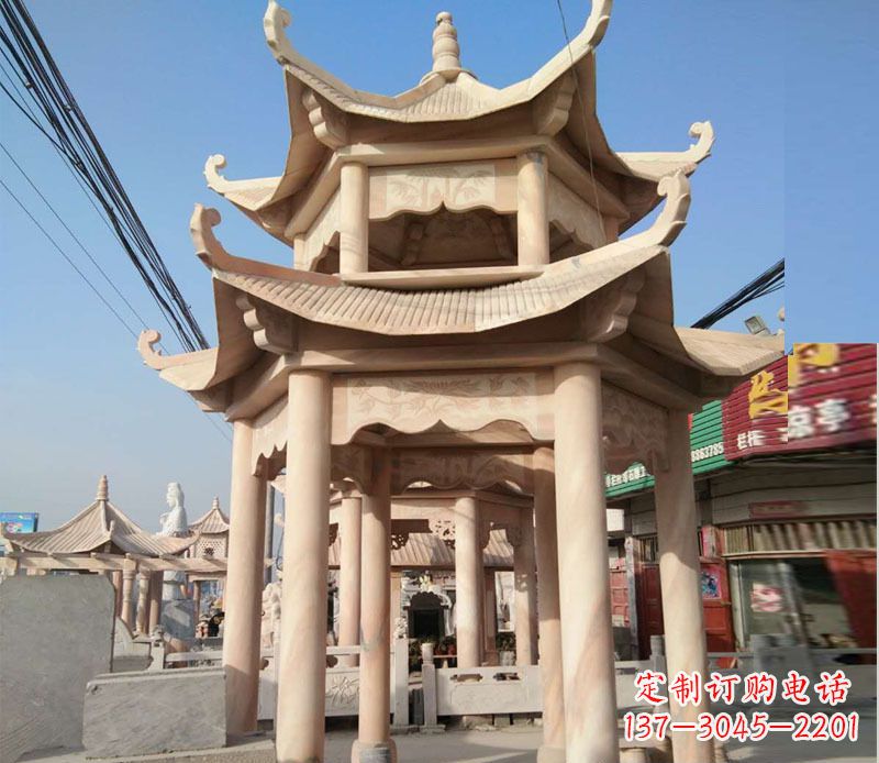 昆明晚霞红双层六角凉亭石雕 (3)