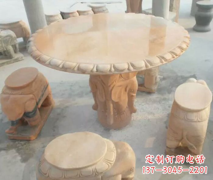 昆明晚霞红小象桌凳别墅石雕 (2)