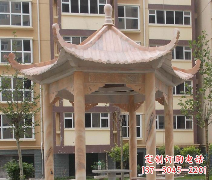 昆明小区晚霞红六角凉亭石雕