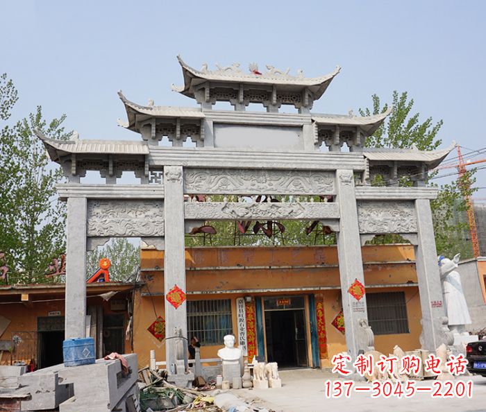 昆明园林仿古三门牌坊石雕 (5)