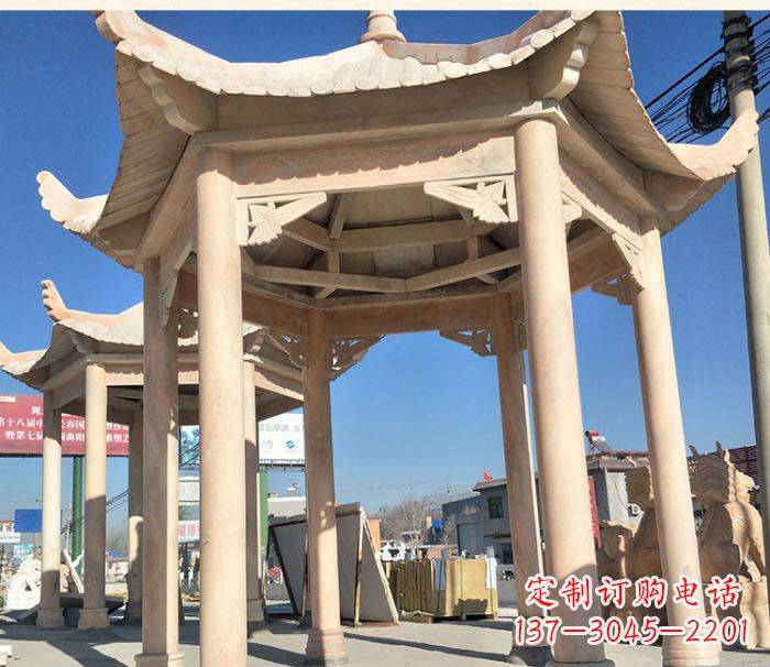 昆明园林景观晚霞红六角石雕凉亭 (2)