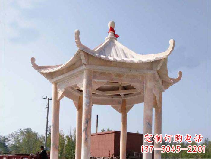 昆明园林景观晚霞红六角石雕凉亭