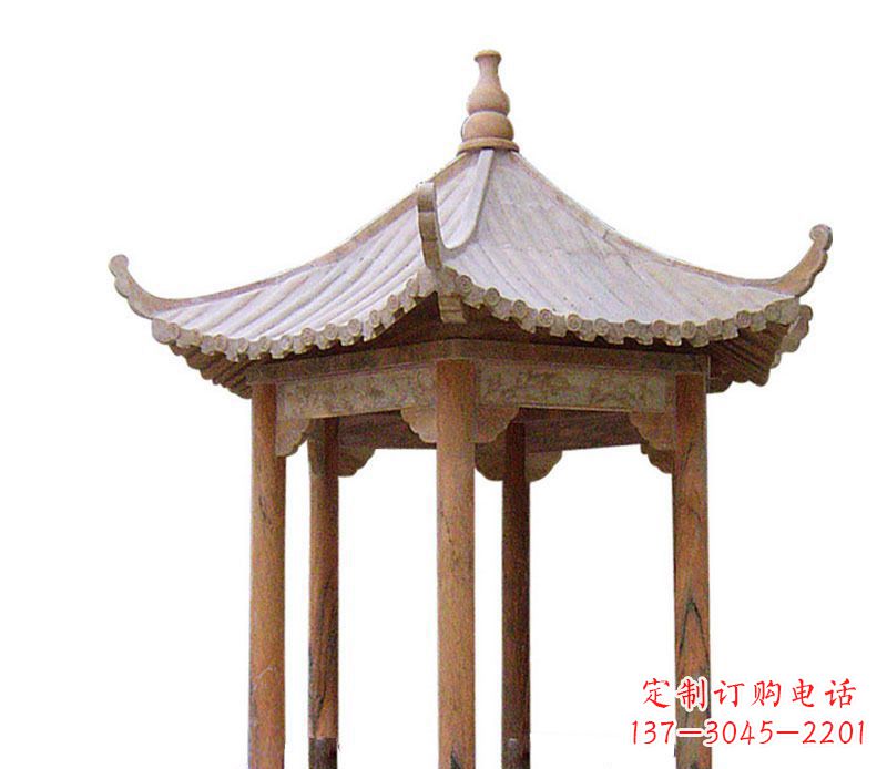 昆明园林晚霞红六角石凉亭景观石雕 (2)