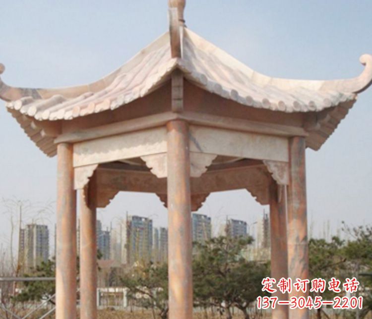 昆明园林晚霞红六角石凉亭景观石雕